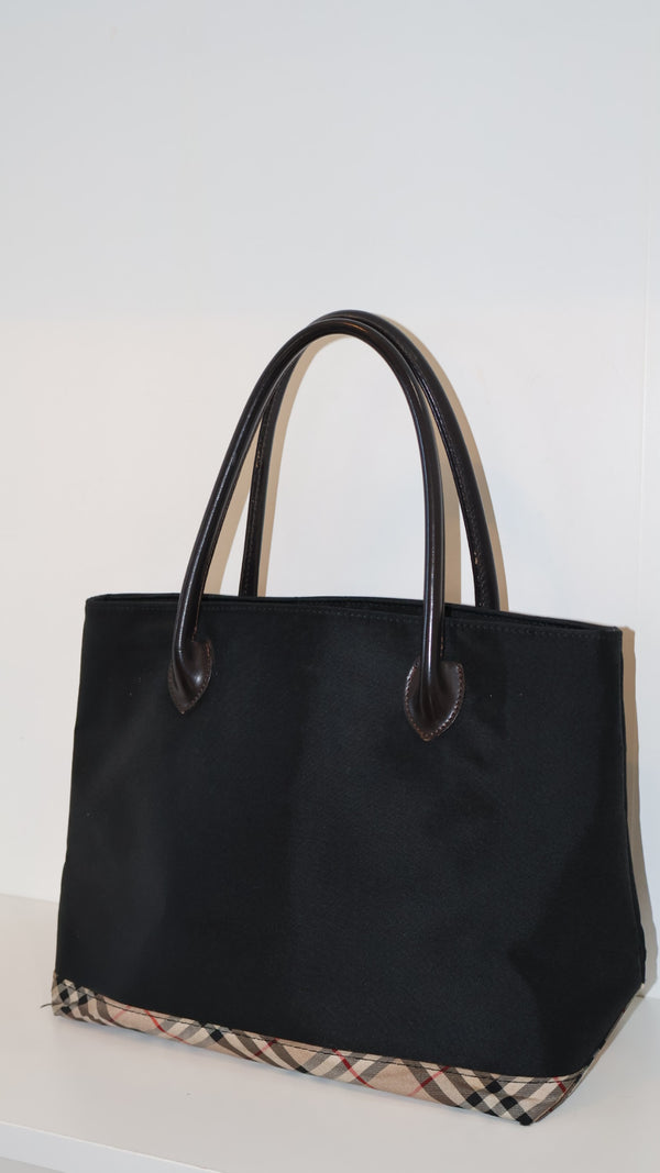 Burberry Black Nylon Tote with Nova Check Bottom